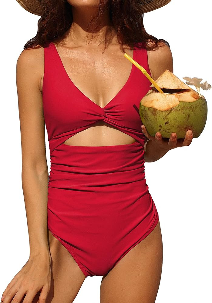 Charmo Womens One Piece Swimsuit Ruched Tummy Control High Cut Backless V Neck Bathing Suits Swim... | Amazon (US)