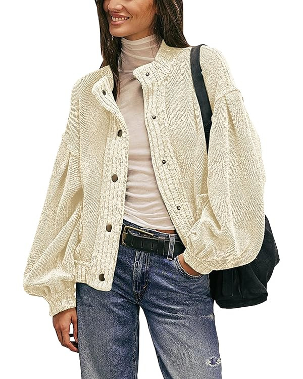 Cardigan Jacket for Women Loose Fit Ribbed Knit Trim Casual Jacket Shacket with Pockets | Amazon (US)