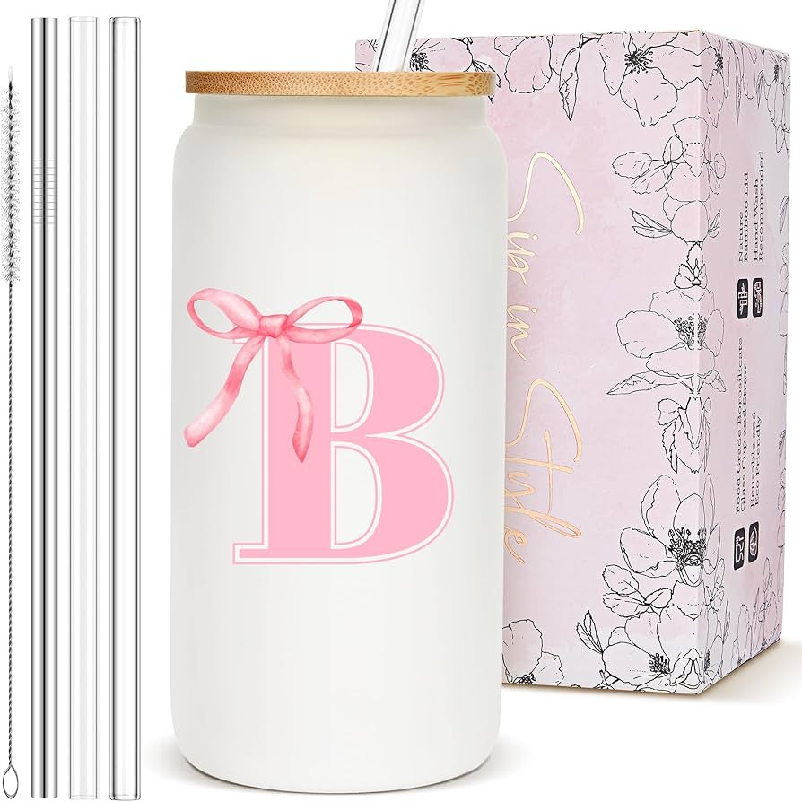 Coquette Cute Glass Cups with Lids and Straws, Pink Bow Aesthetic Iced Coffee Cup, Personalized C... | Amazon (US)