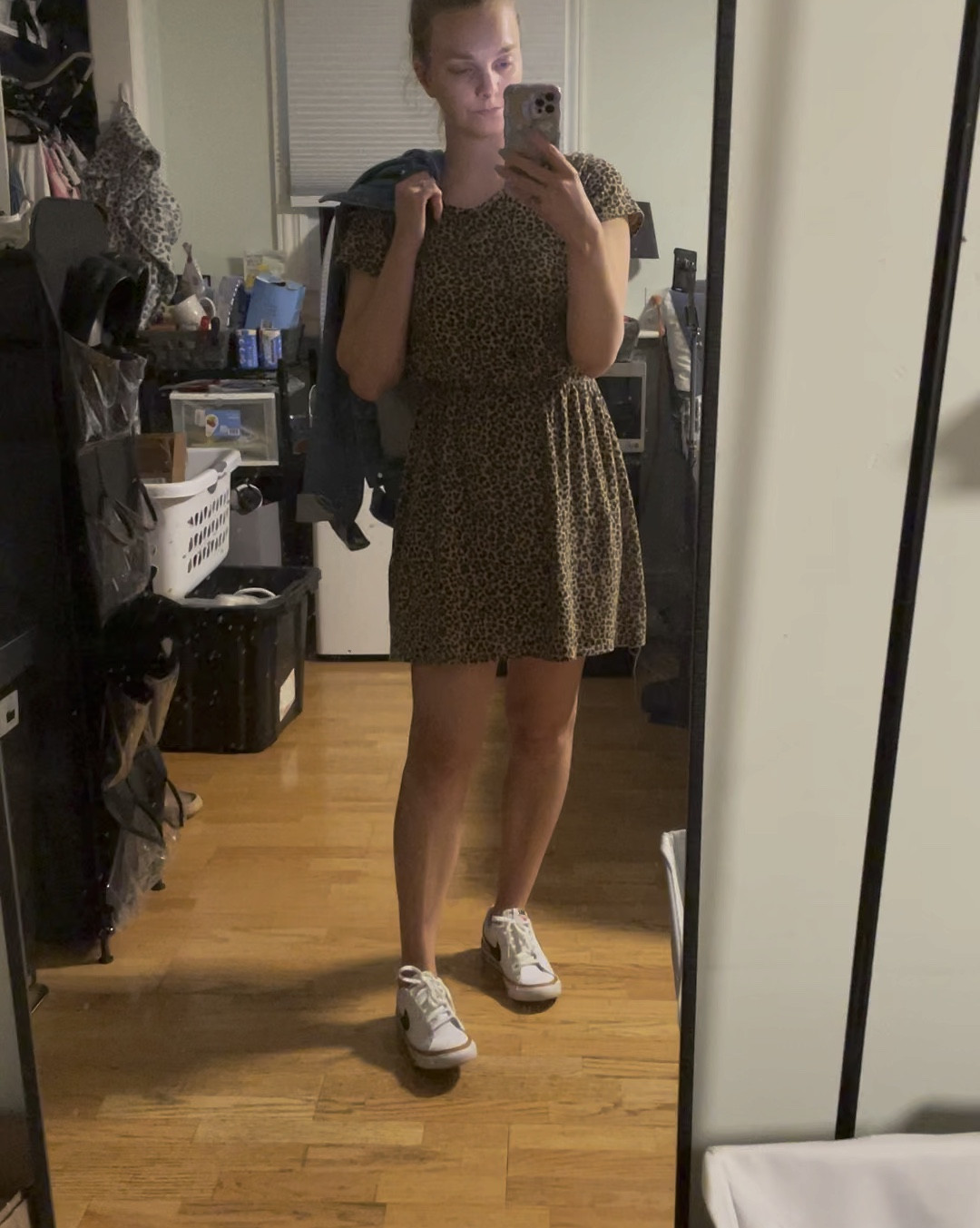 Leopard dress, denim jacket, Nike sneakers 