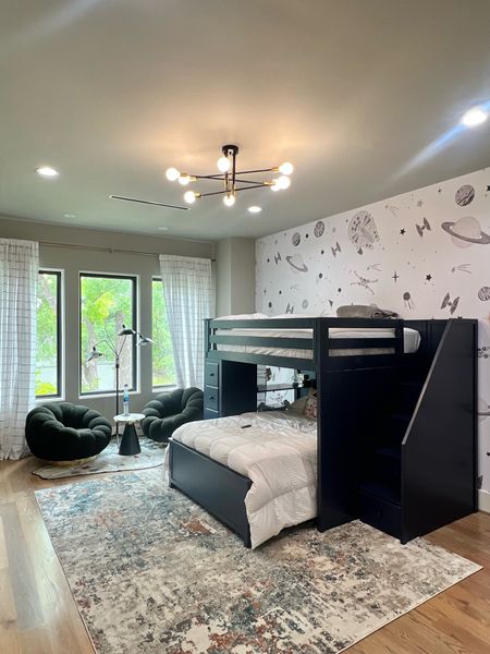 Boys room, kids room makeover, Star Wars space theme, bunk bed, Sputnik chandelier, modern home, swivel chairs, look for less, area rug, curtains, Amazon home



#LTKhome #LTKunder100 #LTKfamily