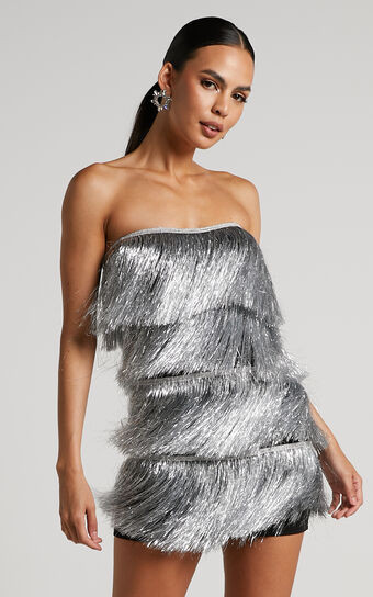 Dina Mini Dress - Strapless Fringe Tier Dress in Silver | Showpo (US, UK & Europe)