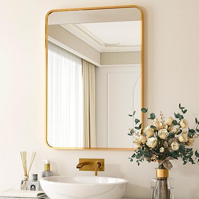 HARRITPURE Rounded Bathroom Mirror 24“ x 36” Rectangular Wall Mirror Aluminum Alloy Frame Con... | Amazon (US)