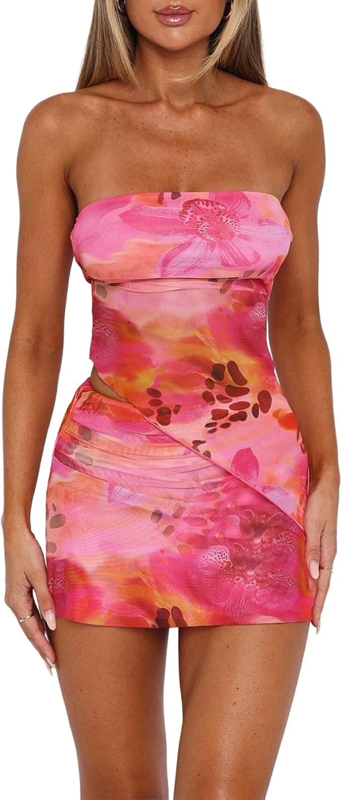 Two Piece Skirt Set for Women Summer Asymmetrical Mesh Strapless Tube Tops Mini Skirt Set Going O... | Amazon (US)