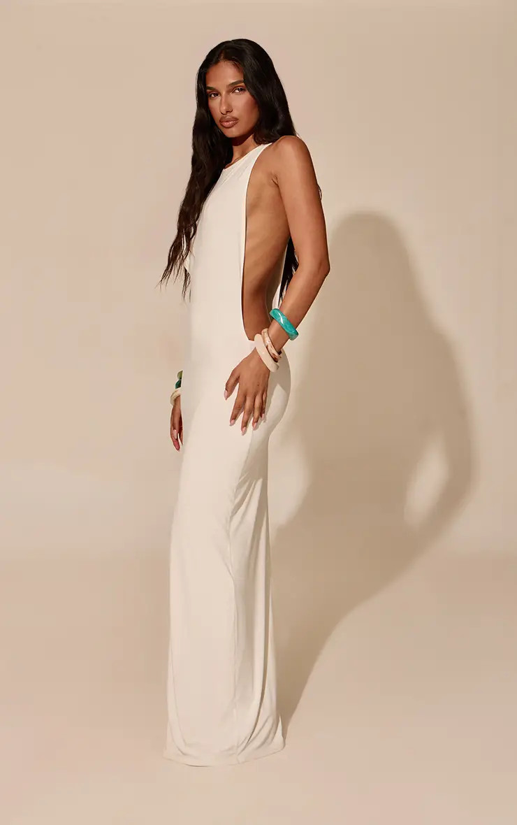 Cream Double Layer Slinky Open Racer Back Maxi Dress | PrettyLittleThing USA | PrettyLittleThing US