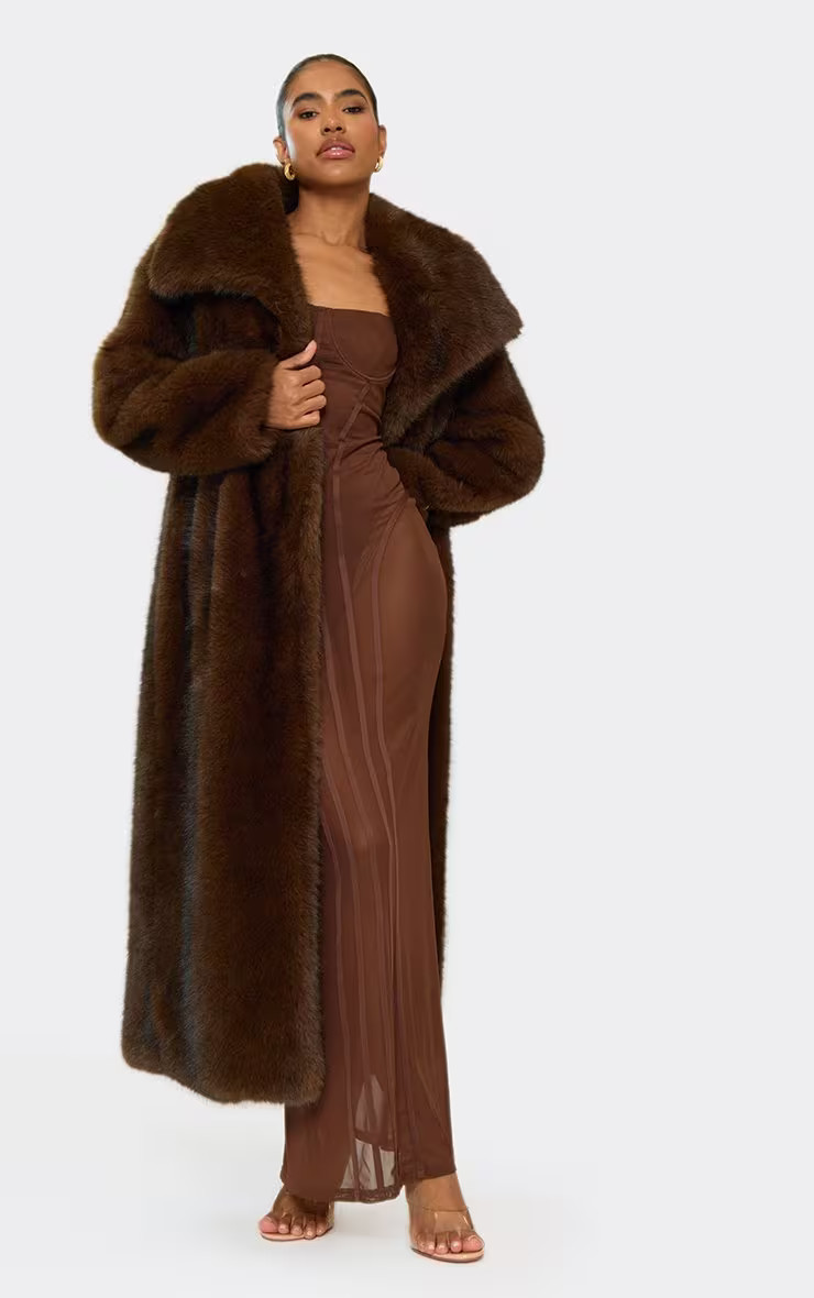 Oversized Collar Detail Maxi Coat In Chocolate Brown Faux Fur | EGO Shoes (US & Canada)