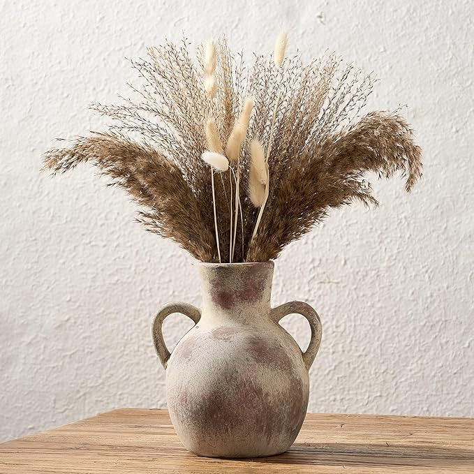 SIDUCAL Rustic Ceramic Farmhouse Flower Vase with 2 Handles, Whitewashed Terra Cotta Vase, Decora... | Amazon (US)