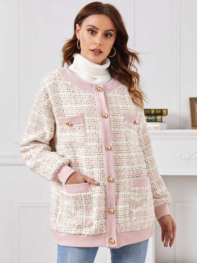 SHEIN Drop Shoulder Button Up Plaid Tweed Jacket | SHEIN