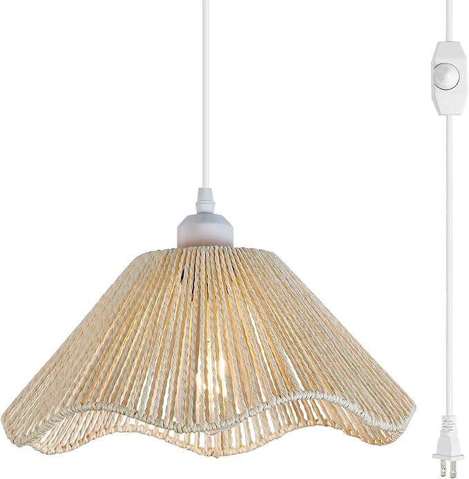Karzibo Off-White Pendant Light with Plug in Cord 14.7Ft Dimmable Woven Hemp Rope Hanging Lamp Bo... | Amazon (US)