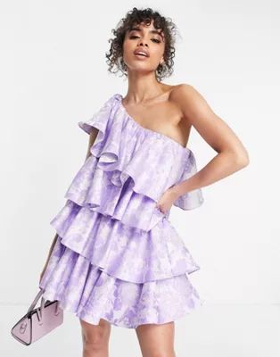 ASOS LUXE super ruffle one shoulder jacquard mini dress in lilac | ASOS (Global)