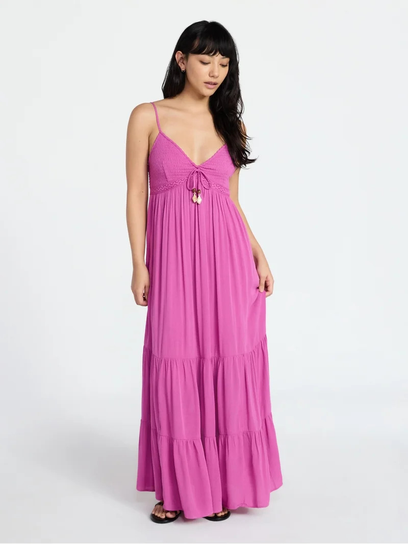 No Boundaries Crochet Lace Trim Tiered Maxi Dress, Women's XXS-XXL | Walmart (US)