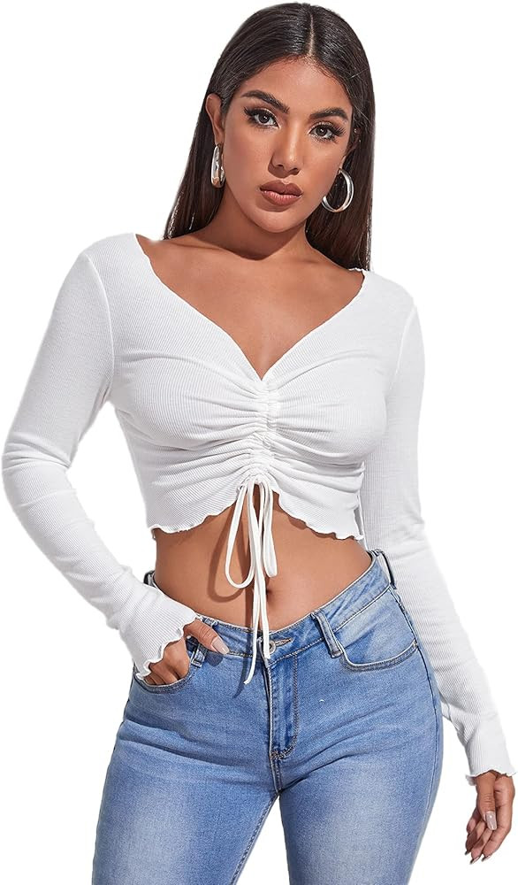 SOLY HUX Women's V Neck Long Sleeve Drawstring Ruched Front Lettuce Trim Crop Top | Amazon (US)