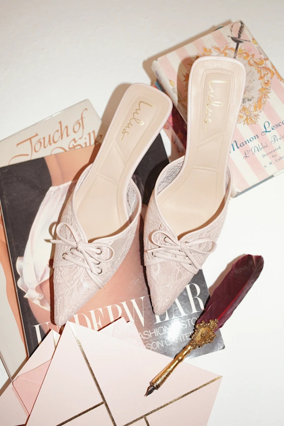 Lacey Blush Lace Bow Kitten Heel Mule Pumps | Lulus
