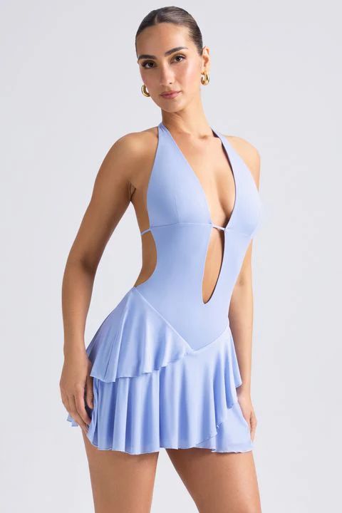 Ruffled Cut-Out Halterneck Mini Dress in Periwinkle Blue | Oh Polly