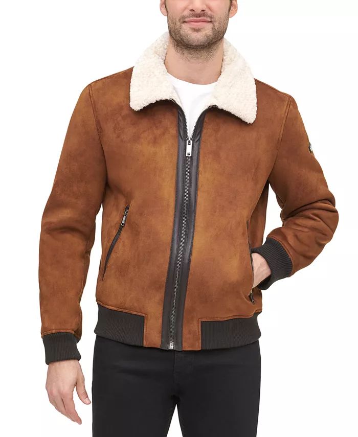 Men's Faux Shearling Bomber Jacket with Faux Fur Collar, Created for Macy's | Macy's