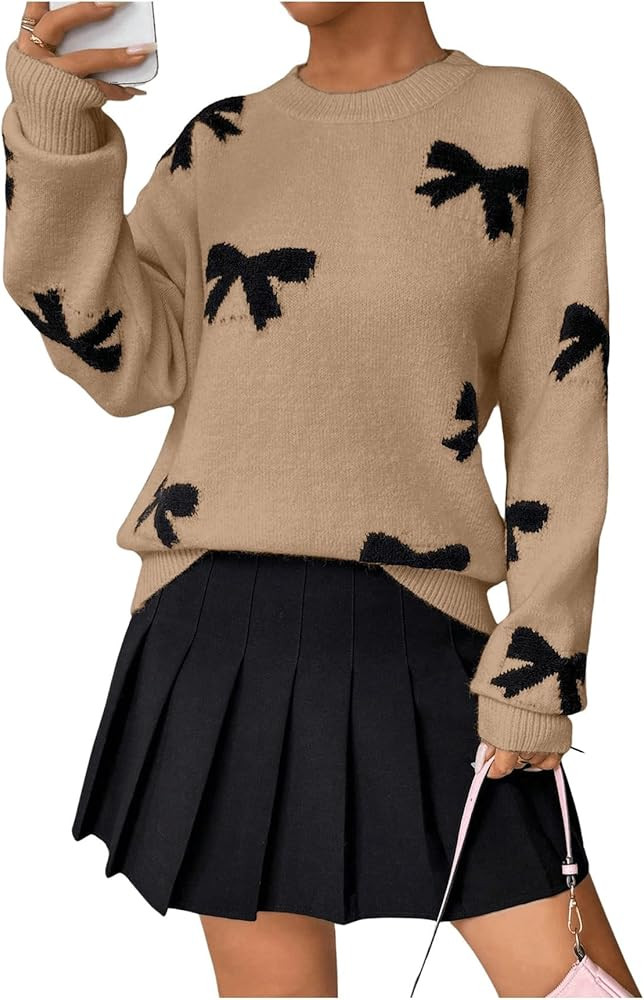 Bow Sweater Women Long Sleeve Crewneck Cute Sweaters Casual Vintage Sweater with Bow Winter Overs... | Amazon (US)