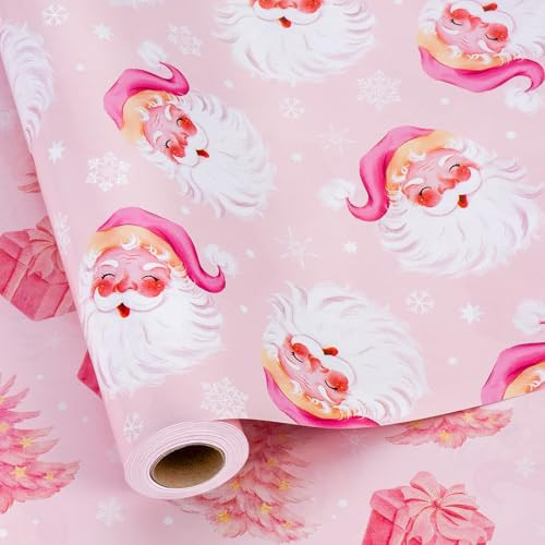 MAYPLUSS Pink Christmas Wrapping Paper, Santa Gift Wrapping Papers, Modern Girly Santa Claus, Christmas Tree & Present Pattern Girl Pink Gift Wrap for Holiday Present Packaging (17 Inch X 33 Feet) | Amazon (US)