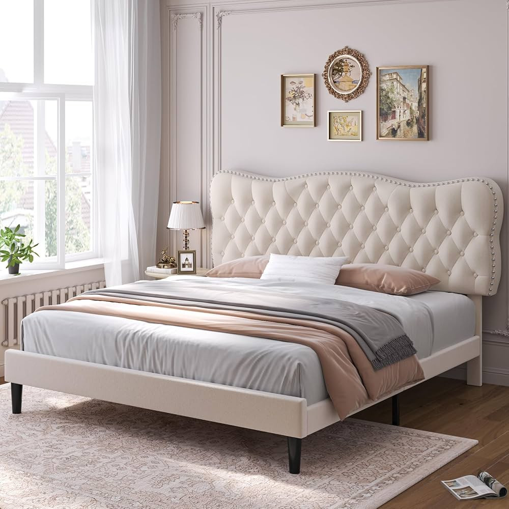 HOSTACK King Size Bed Frame, Velvet Upholstered Platform Bed Frame with Adjustable Headboard, Dia... | Amazon (US)