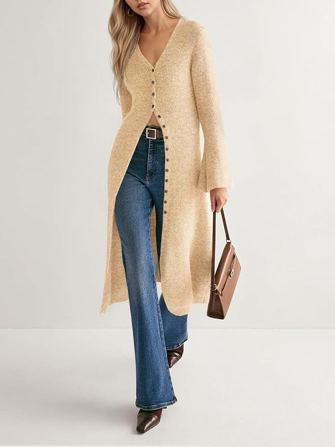 Saodimallsu Womens Long Cardigan Sweaters Oversized Bell Sleeve Open Front Button Down Casual Kni... | Amazon (US)