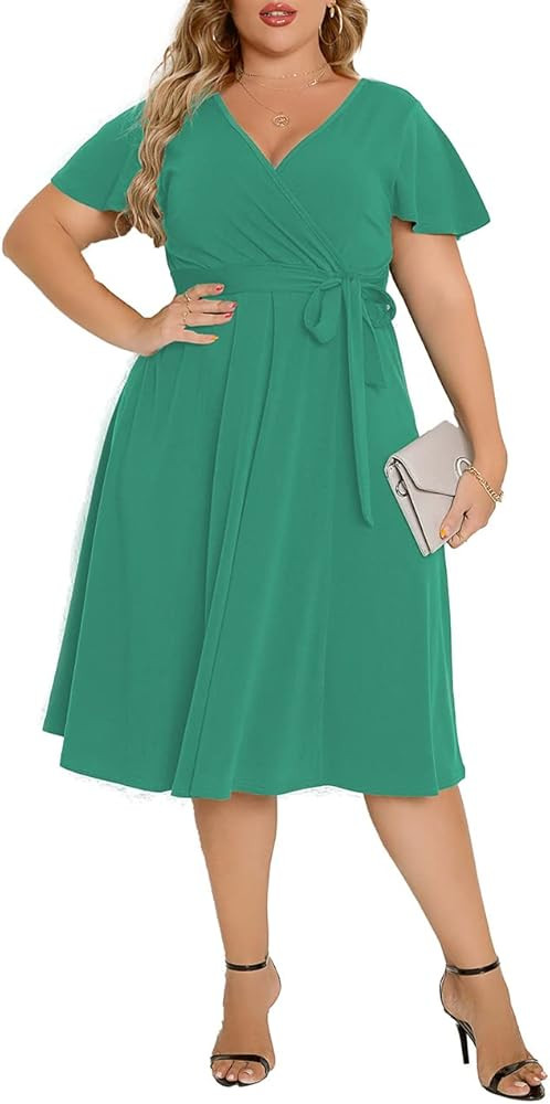 Agmibrelr Women's Plus Size Flutter Sleeve Dress Deep V Neck A-Line Swing Midi Dresses | Amazon (US)