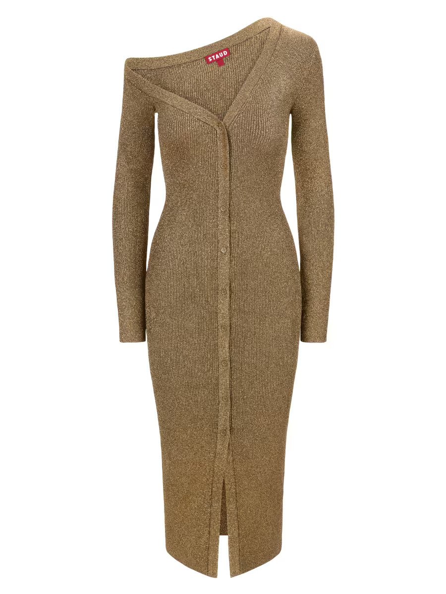 Staud Craftsman Metallic Rib-Knit Asymmetric Sweaterdress | Saks Fifth Avenue | Saks Fifth Avenue