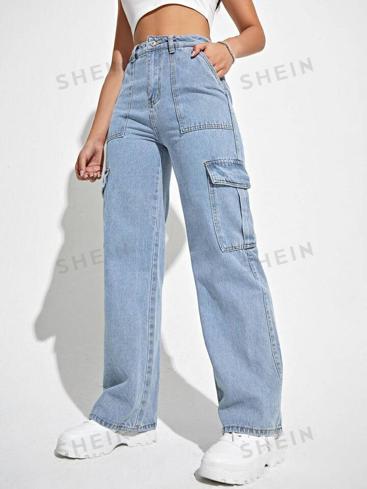 SHEIN High Waisted Flap Pocket Cargo Jeans | SHEIN