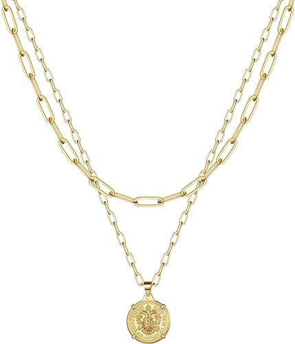 MONOOC Choker Necklaces for Women, Dainty 14K Gold Plated Layered Medallion Choker Necklace, Simp... | Amazon (US)