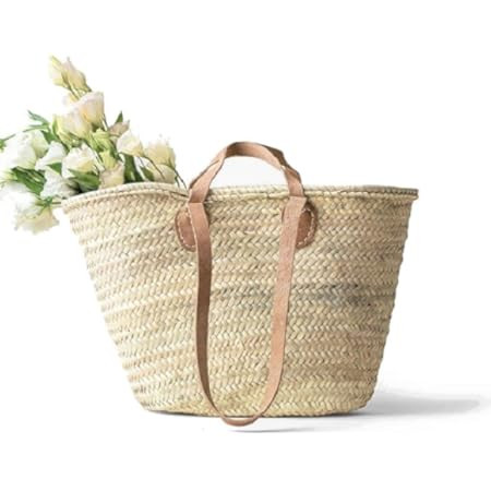 French Market Basket with Double Flat Leather Handles \u2013 Large Straw Tote for Beach, Shopping... | Amazon (US)