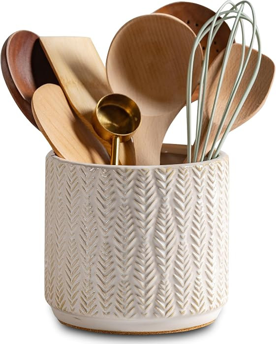 Utensil Holder Rustic Farmhouse Ceramic Utensil Crock for Countertop 5.3-Inch Handcrafted Kitchen... | Amazon (US)