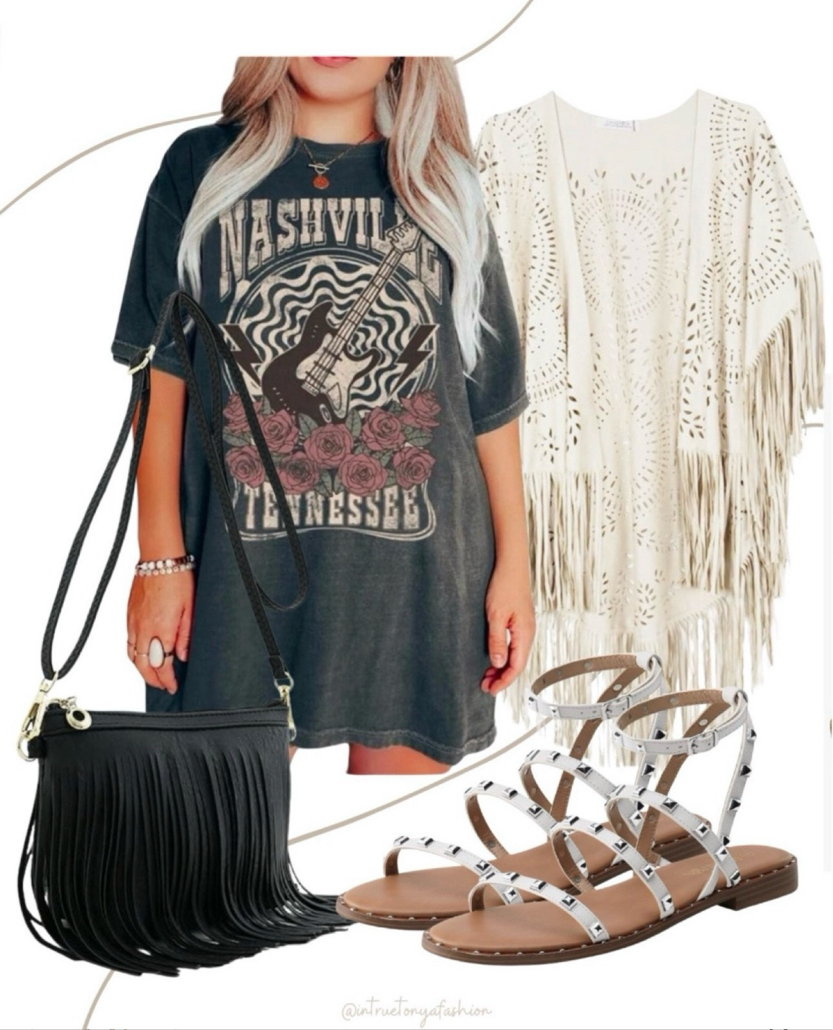 Country concert outfit from amazon — Nashville graphic tee, fringe shawl, fringe purse and studded sandals 






Nashville outfits, western outfit, festival outfit, western boots, western boho outfit, amazon outfits 2026, concert outfit ideas, summer outfit amazon, Amazon outfit ideas, summer concert outfit, summer festival, rodeo outfit

#LTKSaleAlert #LTKPetite #LTKootd