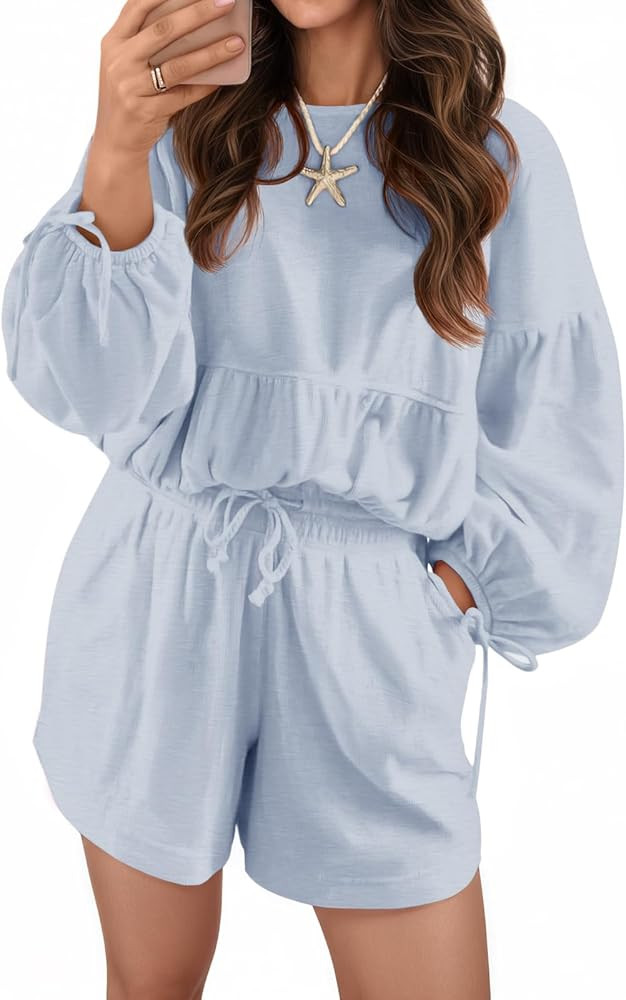 Tankaneo Womens 2 Piece Outfits Lounge Sets Puff Long Sleeve Bubble Tops and Elastic Drawstring L... | Amazon (US)