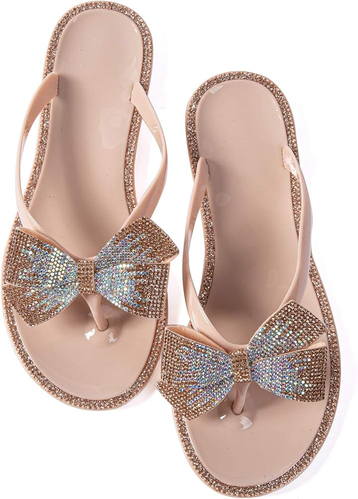 Women Flip-Flops Pearls Bow Sandals Beach Flat Rivets Rain Jelly Gold Pearls | Amazon (US)