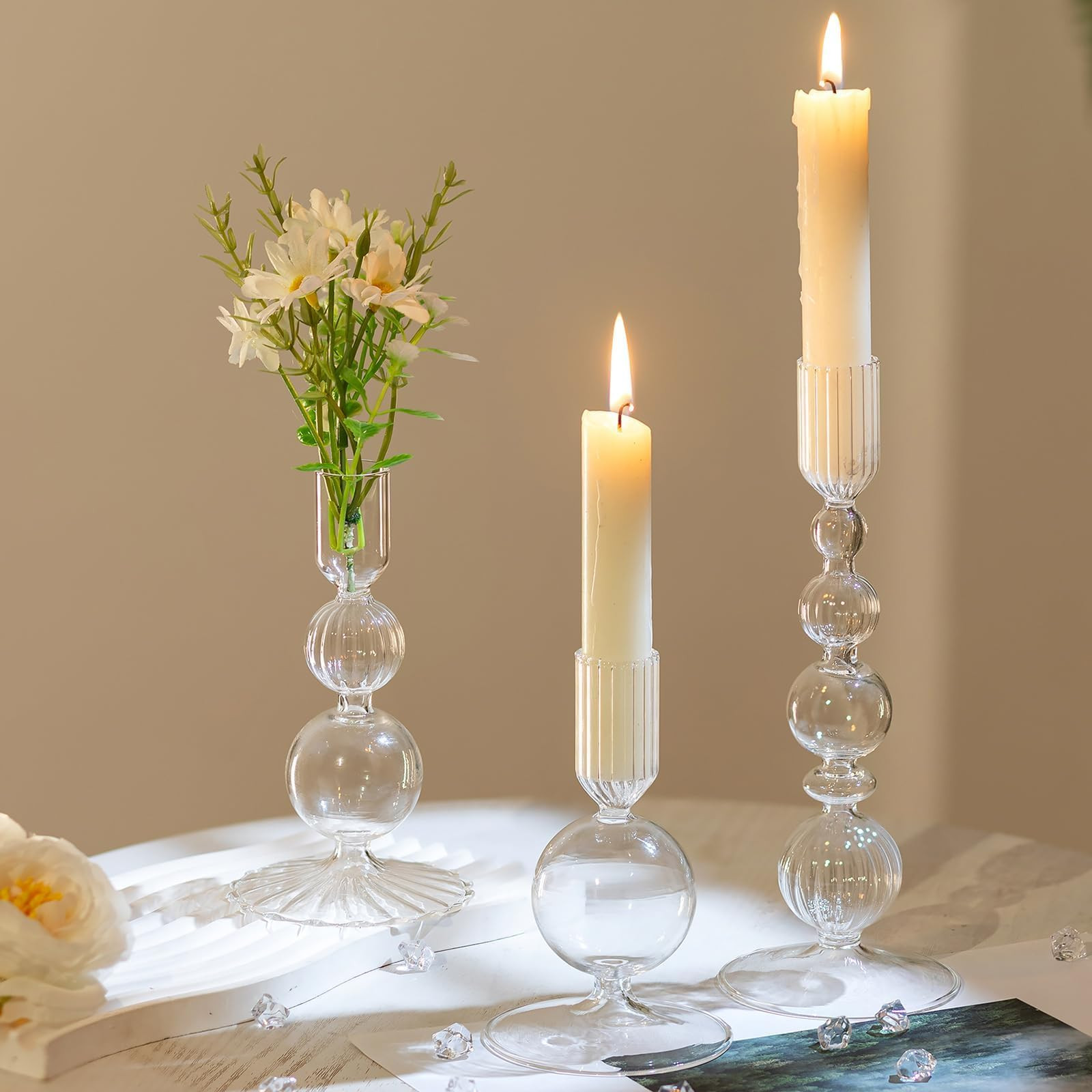 Hewory Glass Candlestick Holders Set: 3PCS Clear Candle Holder Taper Candle Holders Bulk, Crystal Ribbed Candle Sticks Holder Decor for Table Centerpiece Wedding Christmas Thanksgiving Dinner | Amazon (US)
