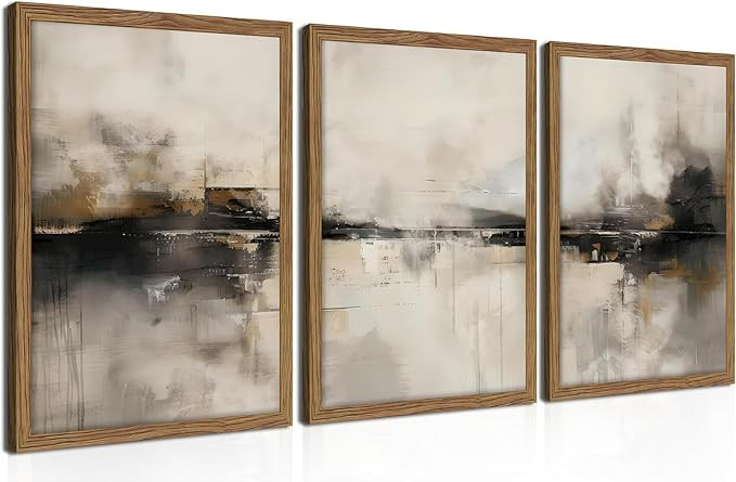 Framed Neutral Abstract Wall Art Set of 3, Modern Black and Brown Wall Decor Paintings, Minimalis... | Amazon (US)
