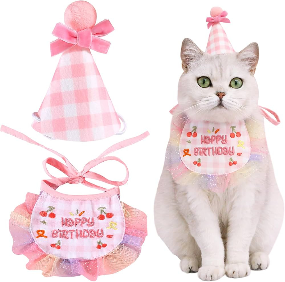 2Pcs Pet Happy Birthday Hat Scarf Set - Cute Embroidered Cat Bandana Outfit - Cat Plaid Pattern P... | Amazon (US)