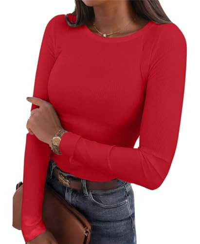 Ryaiwi Ribbed Womens Long Sleeve Shirts Slim Fit Stretch Crewneck Basic Casual Tunic Tops Red | Amazon (US)