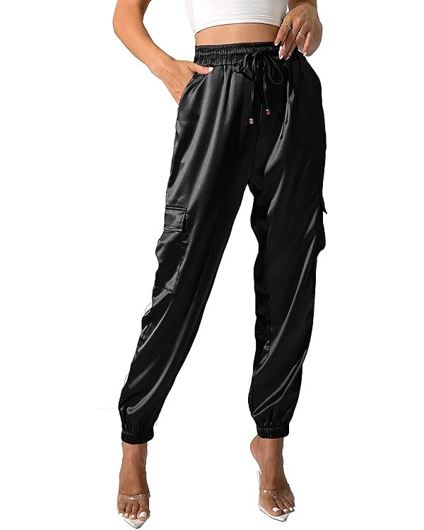 Women's Satin Cargo Joggers Pants Dressy Casual Silky Elastic High Waist Trousers | Amazon (US)