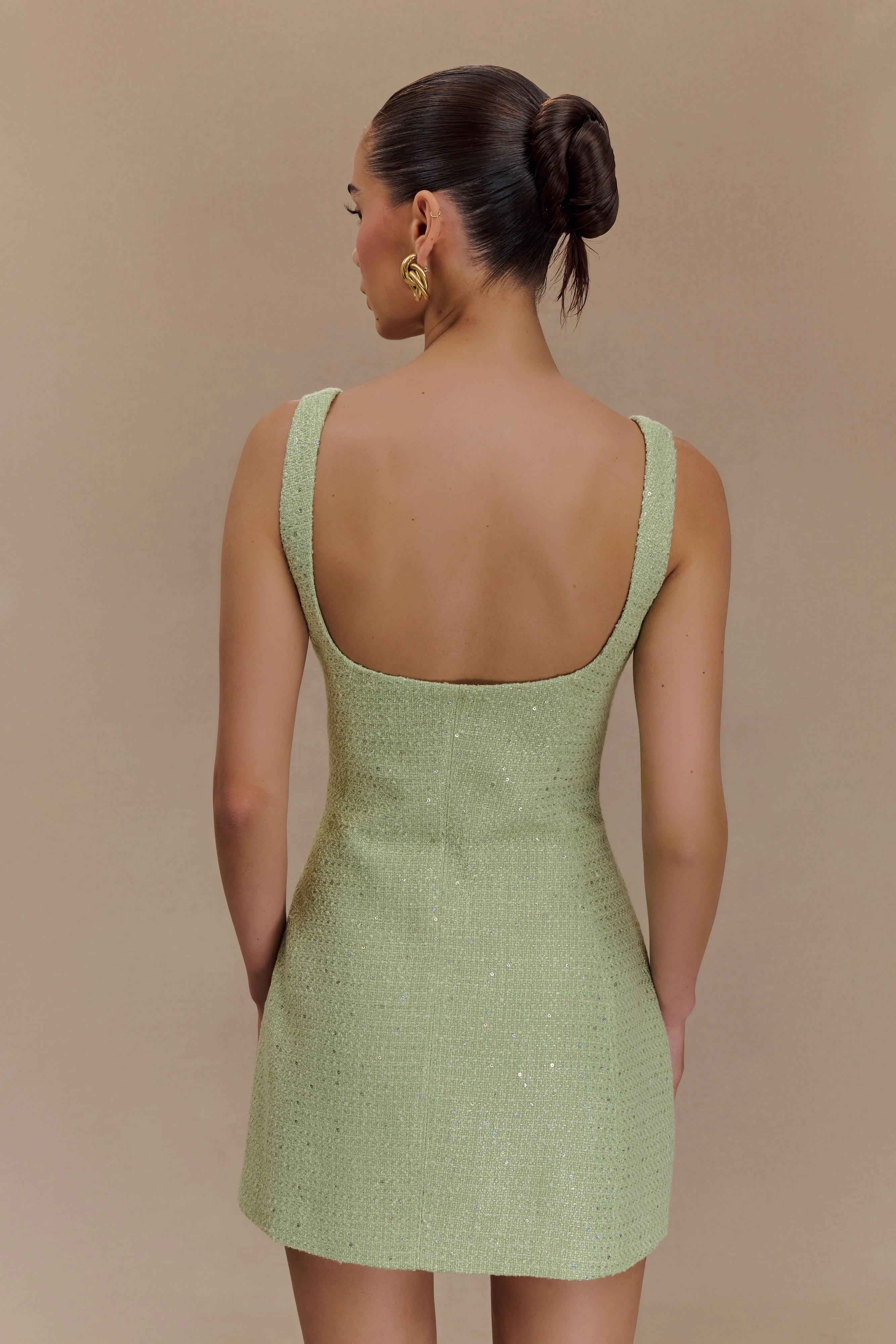 Beth Tweed Mini Dress - Pastel Green | Meshki UK