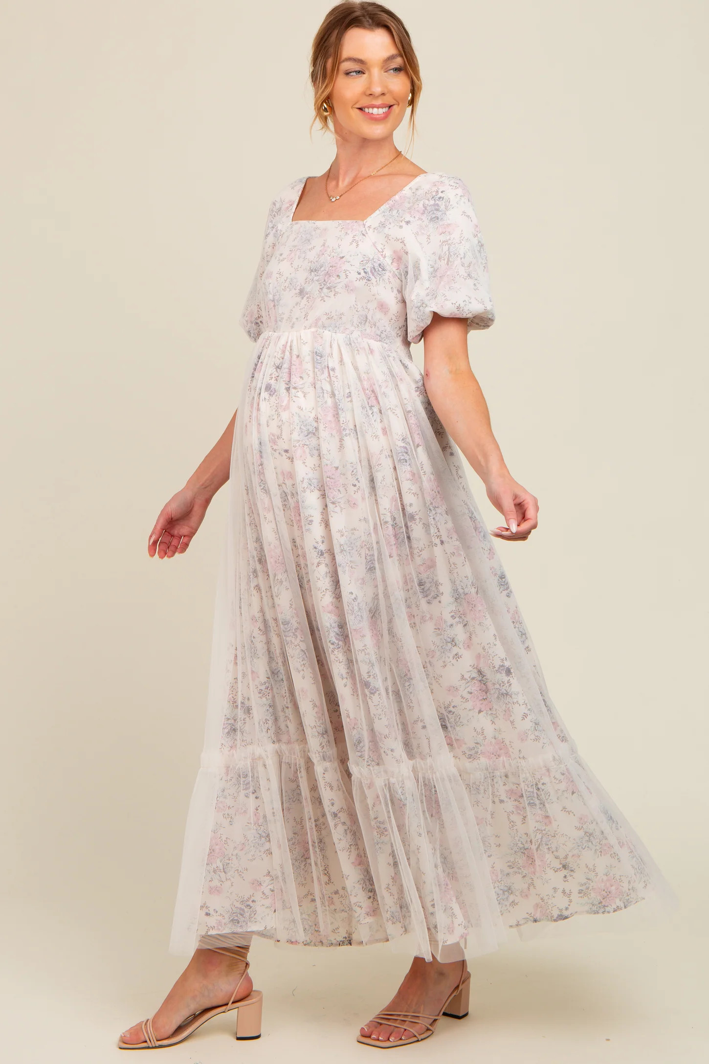 Ivory Floral Mesh Overlay Maternity Maxi Dress | PinkBlush Maternity