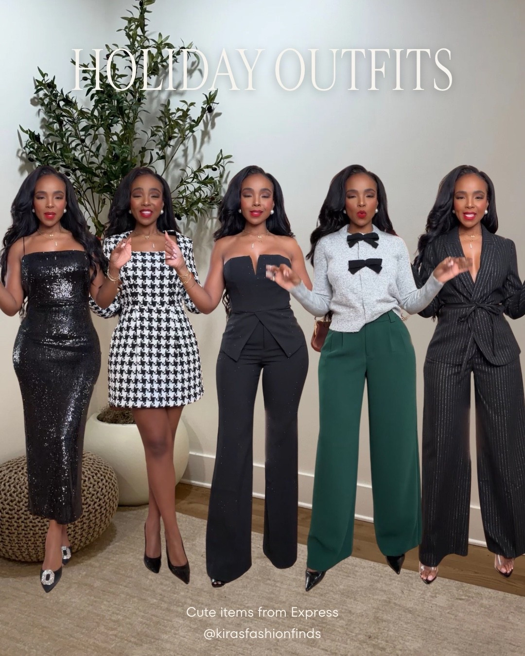 Holiday outfits from @Express ✨ Every look is chic, polished, and perfect for parties, dinners, and festive events this season. Wearing size Small & 2 Long in all pieces.

FIT + FABRIC NOTES:
• Black sequin dress — minimal stretch, fitted but comfortable, gorgeous sparkle, runs true to size.
• Houndstooth mini dress — no stretch, structured fabric, true to size with a clean A-line fit.
• Black tube top + flared pant set — true to size, comfortable stretch, subtle stud detailing looks luxe.
• Grey bow sweater + green trousers — sweater is true to size and soft; trousers run true to size but I needed the long length for height.
• Pinstriped suit set — true to size; blazer has a tie waist and hook-and-eye closure (no buttons) for a cinched, tailored shape.

All pieces are part of Express’ Black Friday Event — up to 50% off right now 🎁
#ExpressPartner #DressToExpress #holidayoutfits #partyoutfits #LTKholiday #LTKsale


#LTKHoliday #LTKPetite #LTKSaleAlert