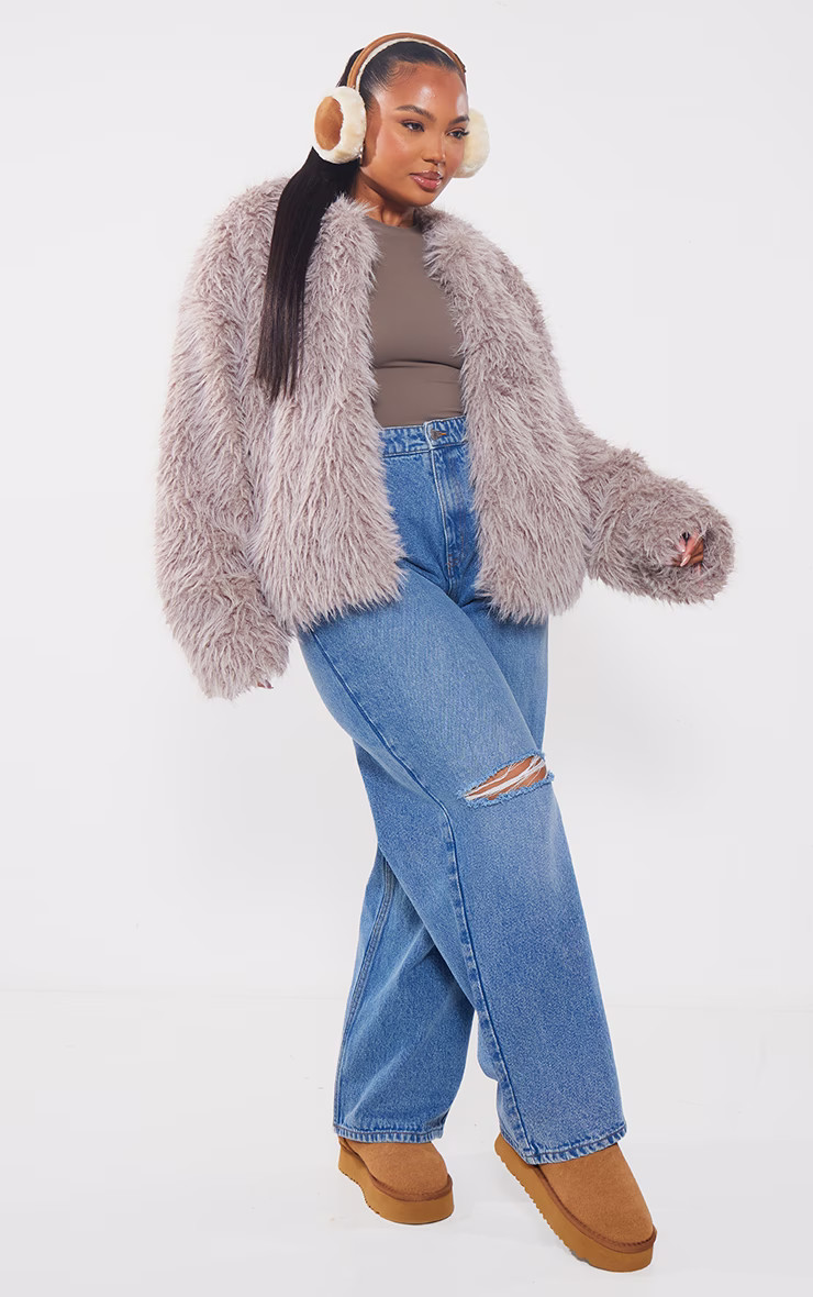 Plus Grey Shaggy Faux Fur Coat | PrettyLittleThing US