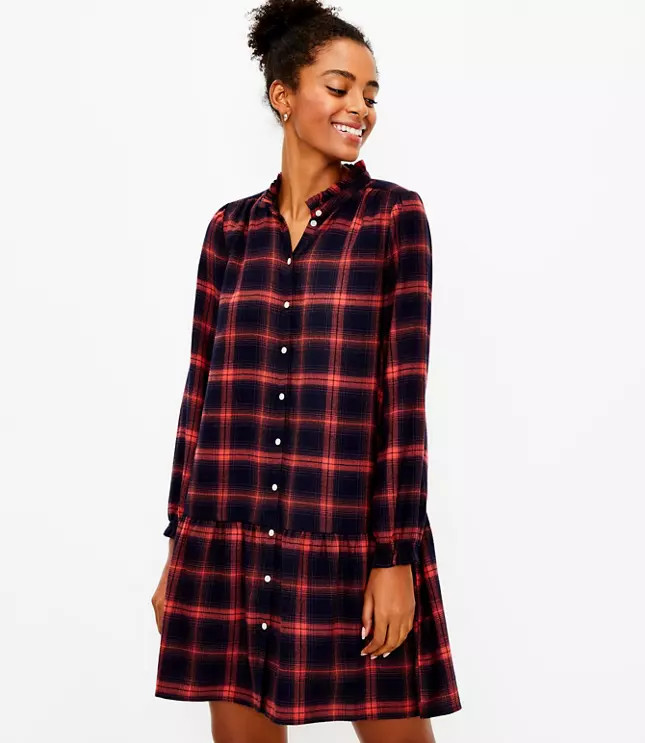 Petite Plaid Drop Waist Shirtdress | LOFT
