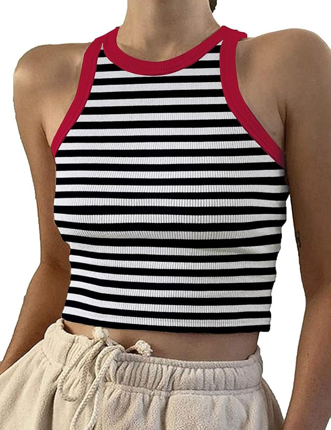 Striped Tank Top Women Ribbed Tank Tops High Neck Sleeveless Crop Top Color Block Tees Cute Strip... | Amazon (US)