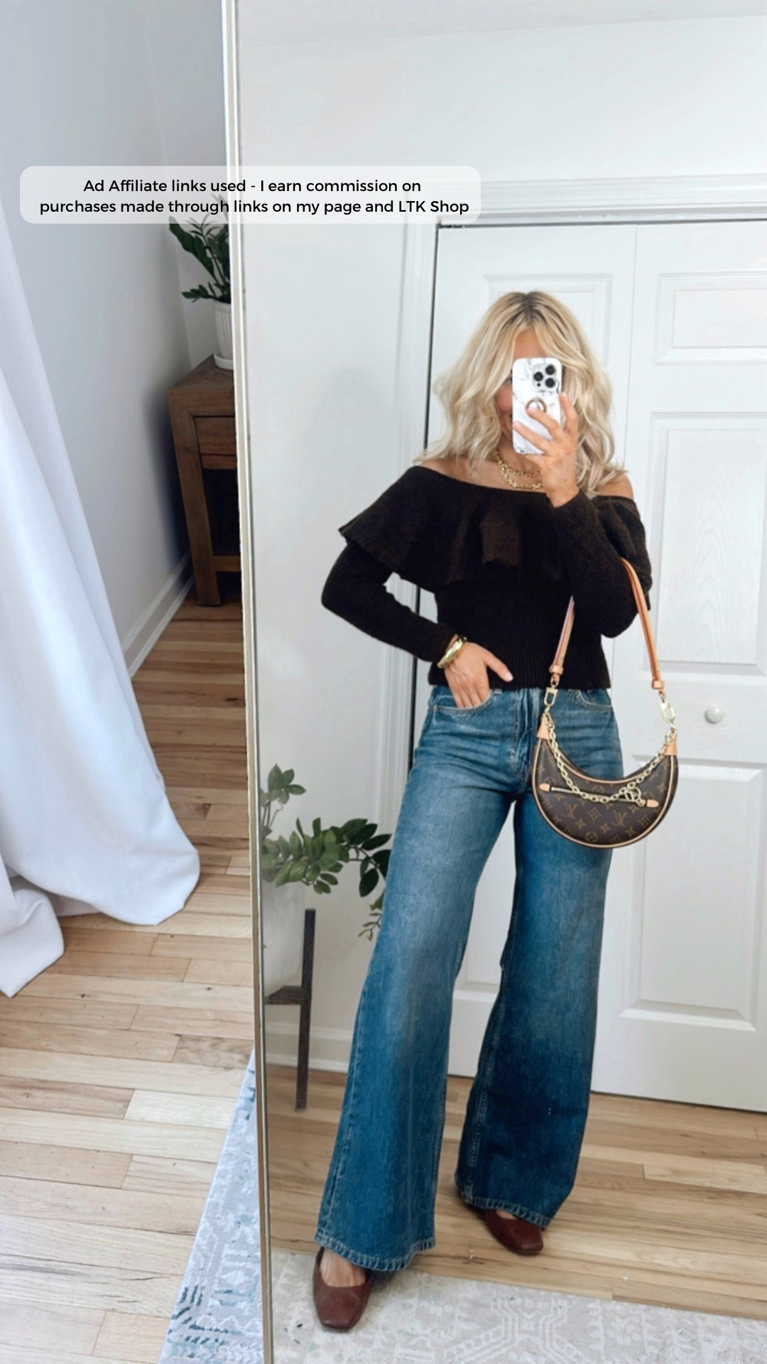 H&M outfit | Sizing info: brown ruffle sweater runs TTS (wearing a small); I sized up one size in the jeans (wearing a size 6)