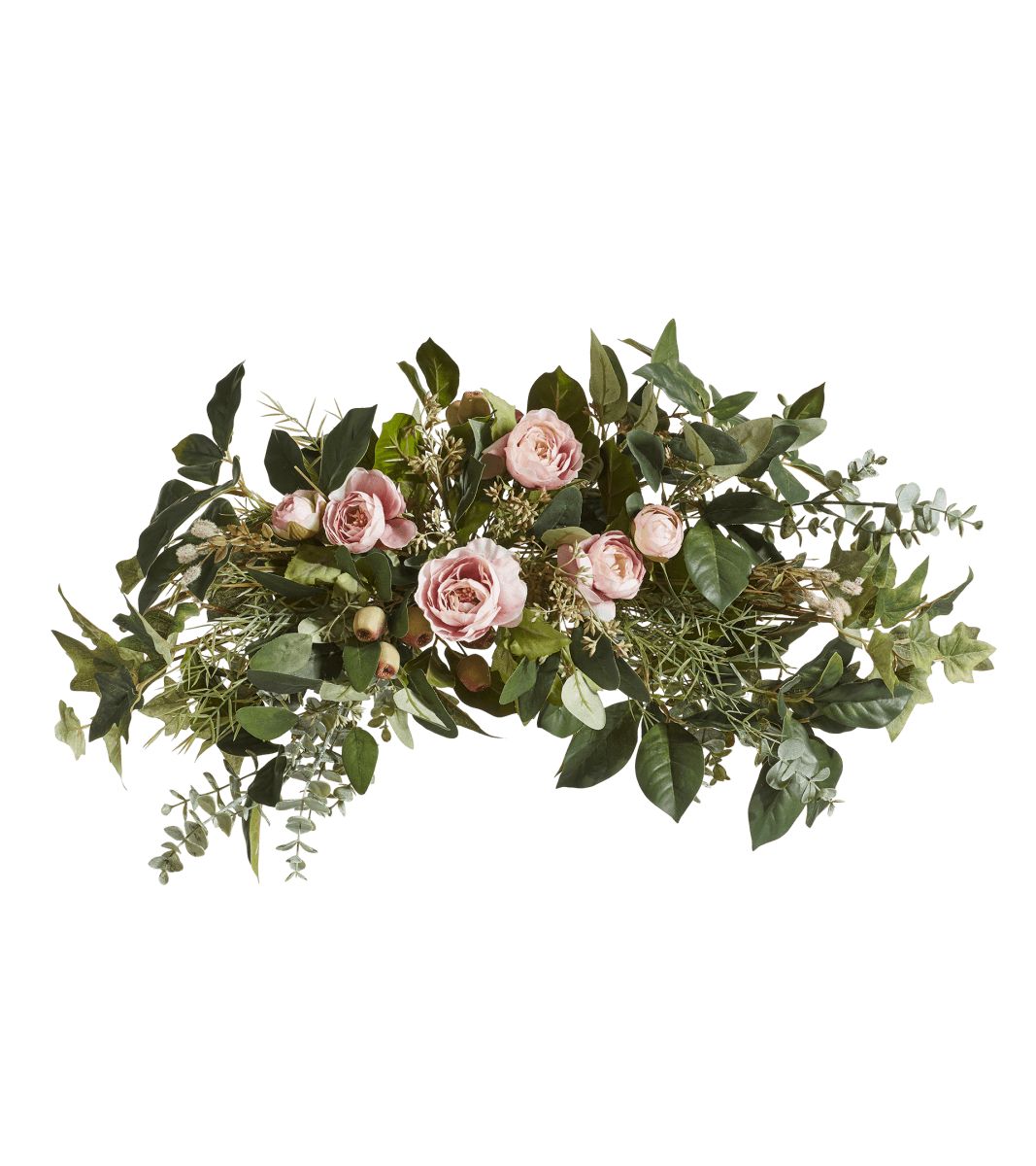 Large Faux Tea Rose and Eucalyptus Garland - Pink/Green | OKA US