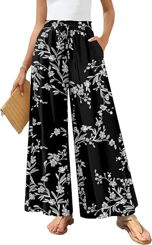 Bestbee Palazzo Pants for Women Dressy Casual Wide Leg Slacks Elastic Waist Flowy Long Pant with ... | Amazon (US)