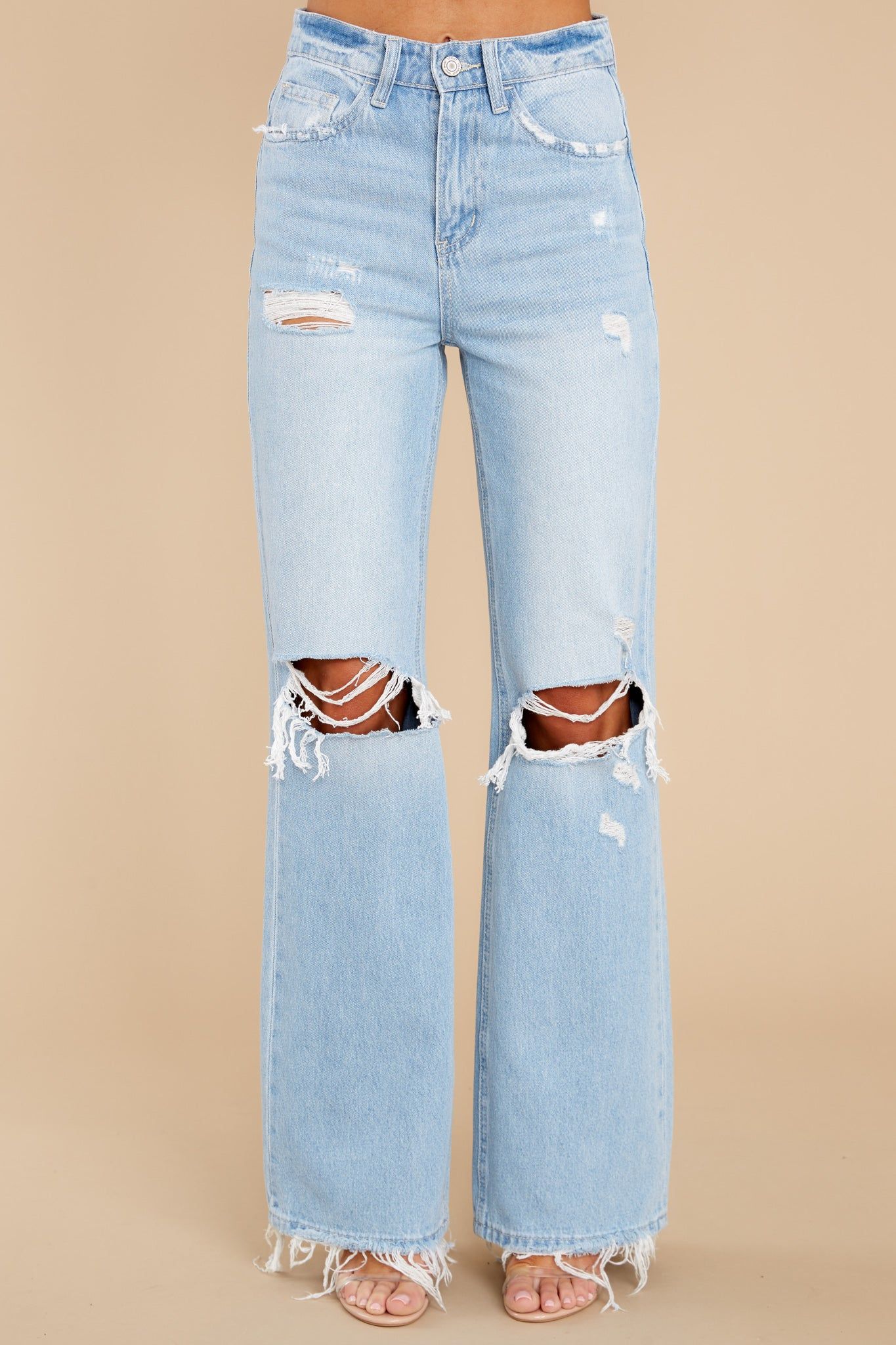 Cross Your Mind Light Wash Distressed Straight Jeans | Red Dress 