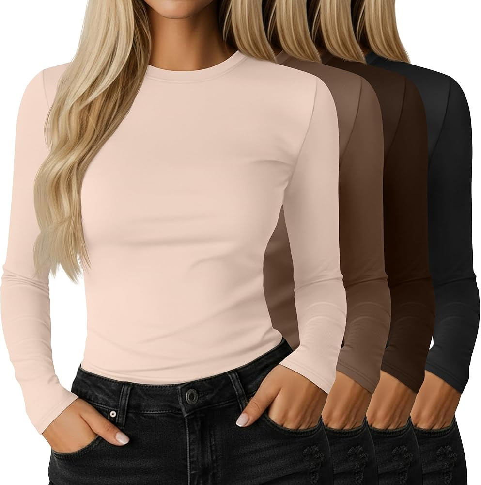 Ficerd 4 Pack Women's Long Sleeve Tight Shirts Cotton Fitted Crew Neck Tops Casual Basic Fall Y2k... | Amazon (US)