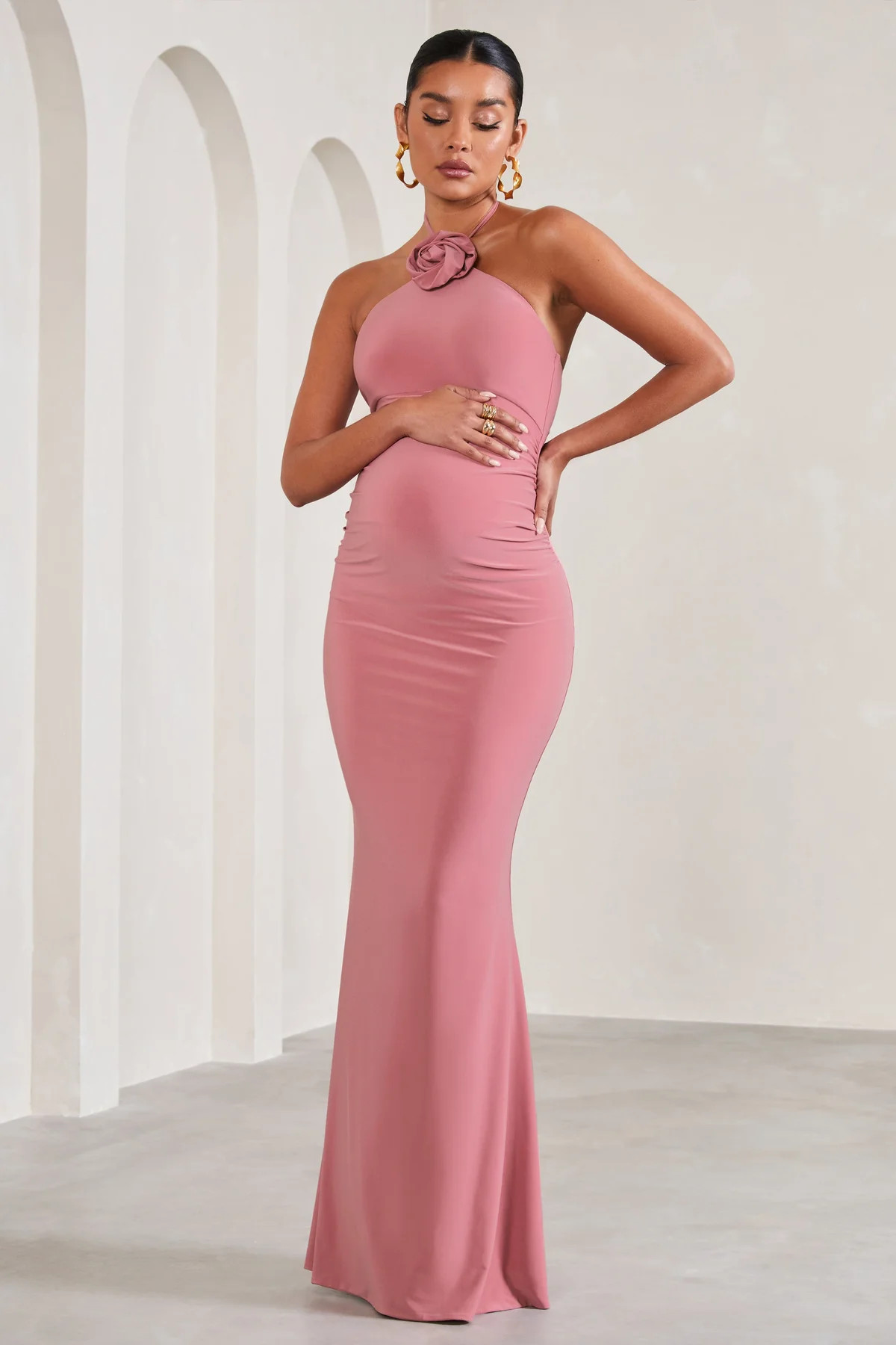 Loving  Blush Pink Halter-Neck Maternity Maxi Dress With Flower Corsage | Club L London