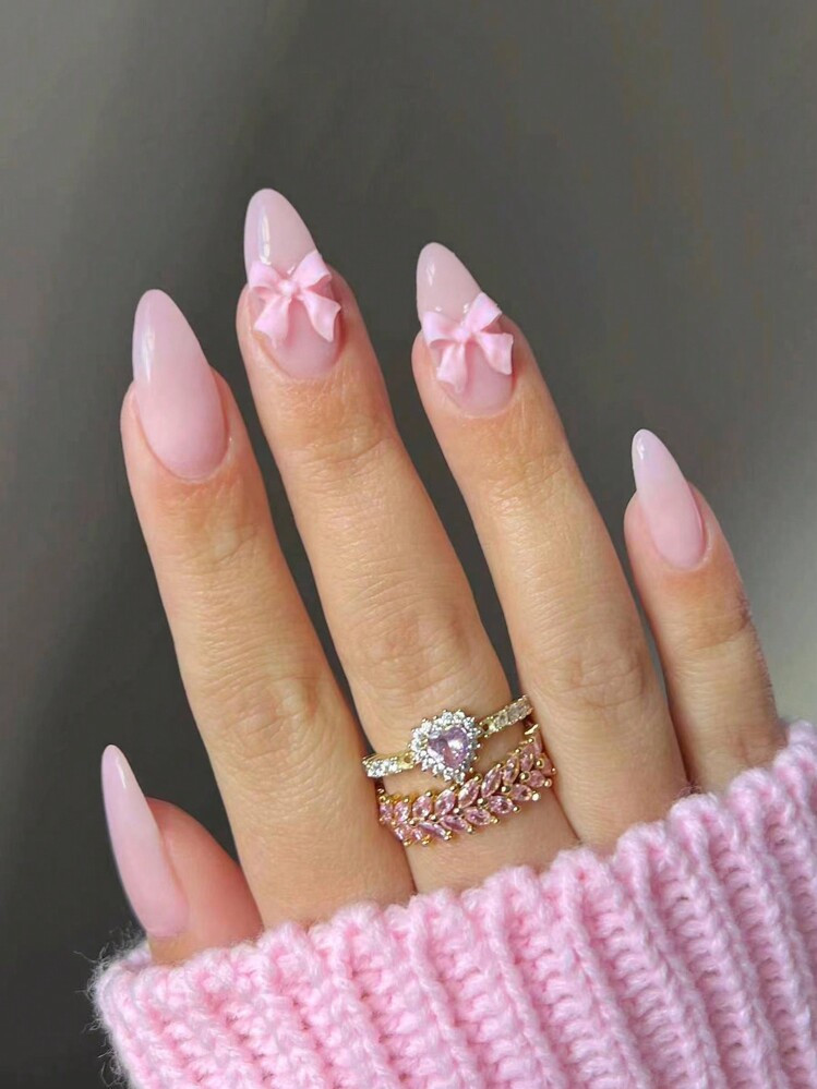 24pcs Pink Bow Almond Shaped Nail Stickers Set, Includes 1pc Jelly Gel And 1pc Nail File, Designed For Women And Girls Nail Art Decoration Nails Nail Supplies | SHEIN